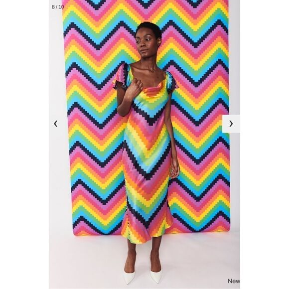 Olivia Rubin Amelia Silk Midi Dress in Rainbow Chevron size US2 - Picture 4 of 12